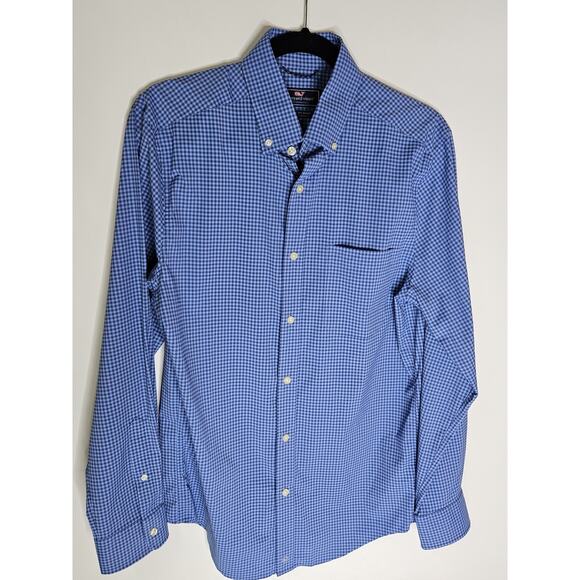 Vineyard Vines Performance Classic Fit Size S Blue Plaid Long Sleeve Golf Carrer - Picture 1 of 6